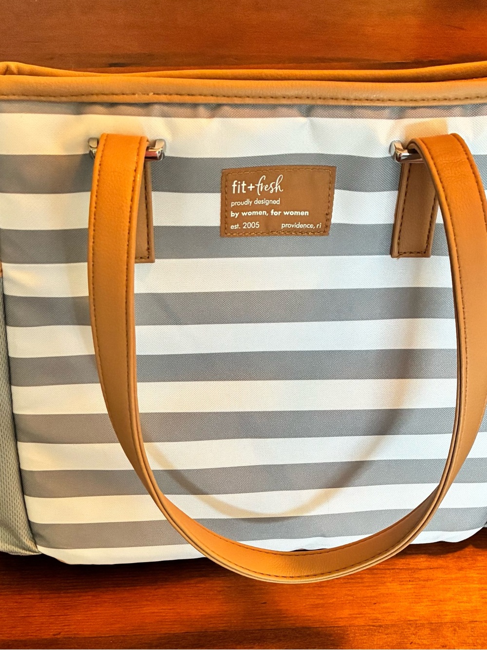 Fit + Fresh Gray & White Striped Lunch Tote with Tan Handles